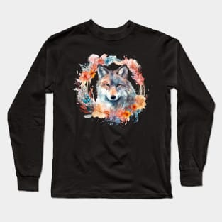 Colorful Wolf With Flowers Long Sleeve T-Shirt